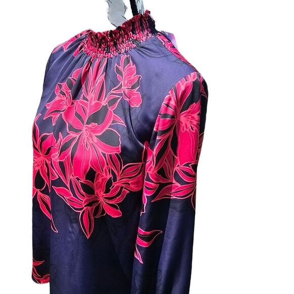 Misa -668 Purple Red Multi Ruched Mock Neck Long Sleeve Floral Giana Top Size S - Picture 3 of 11